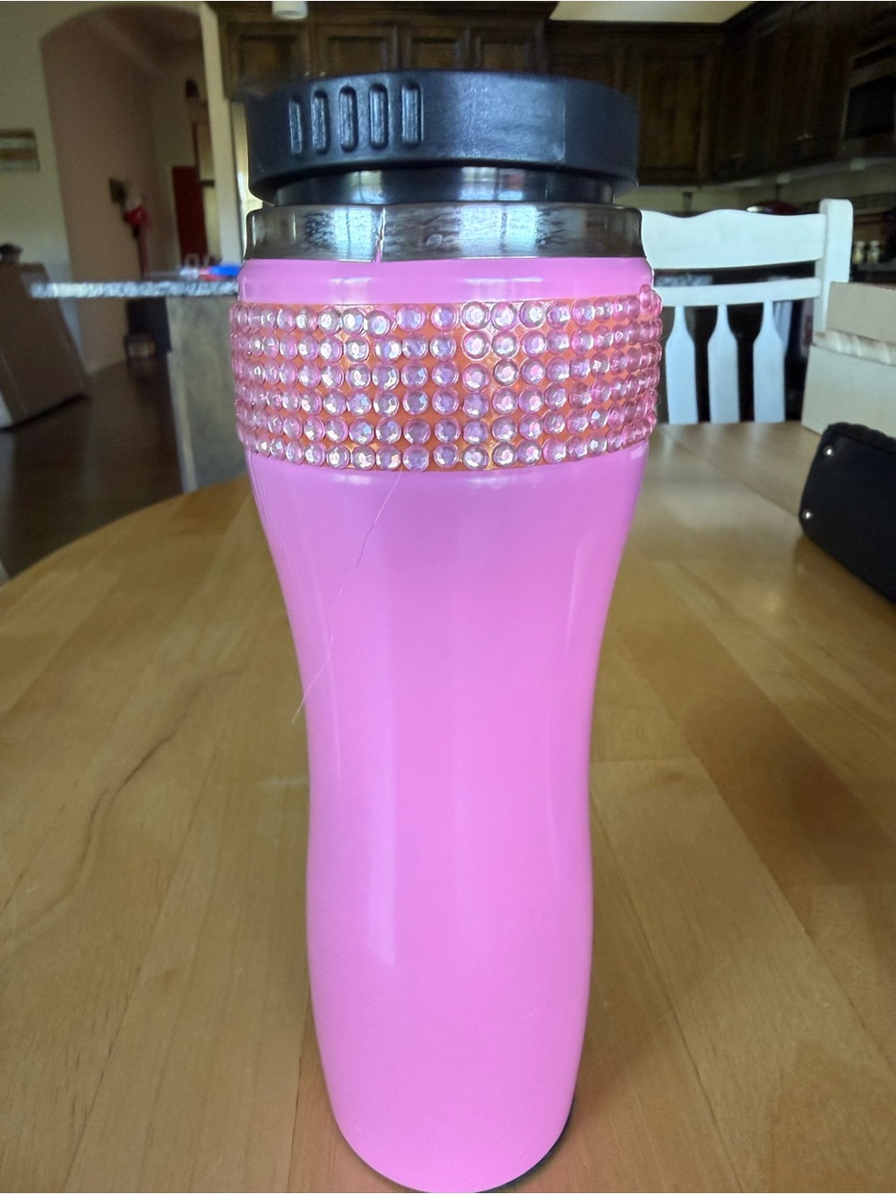 Pink Rhinestone Accent Travel Mug - Decorative Insulated Tumbler